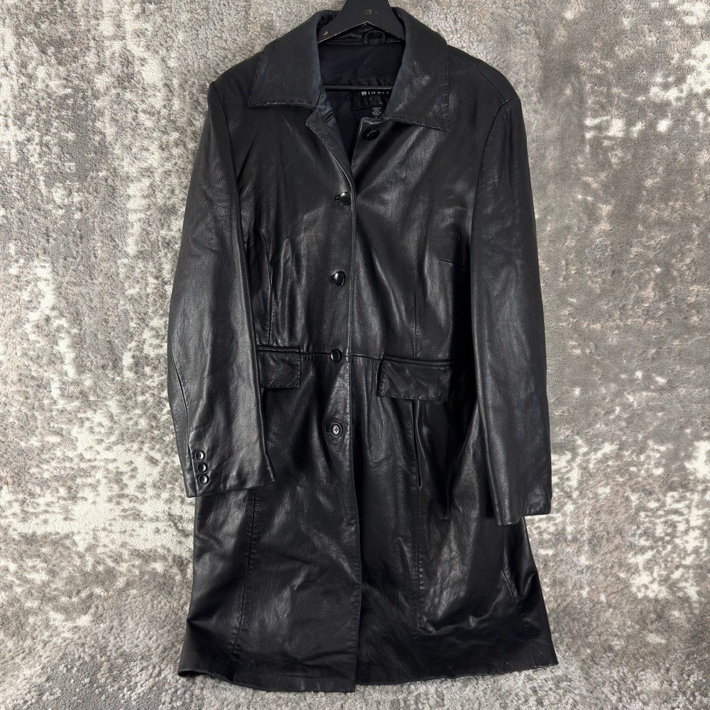 Winlit Plus Size 1X Genuine Leather Button Front Trench Coat Black Long Sleeve